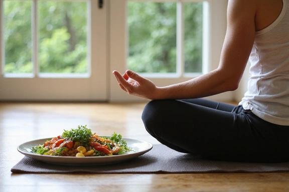 Person doing yoga on a mat with a healthy meal next to them
